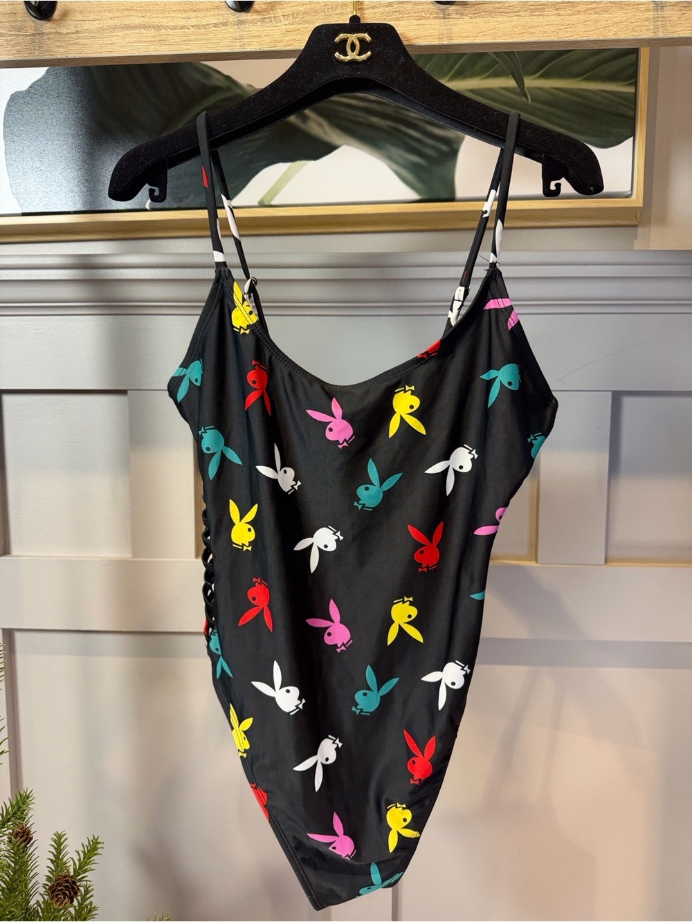 Y2K 00’s Playboy Bunny all-over print strappy one-piece swimsuit in black M